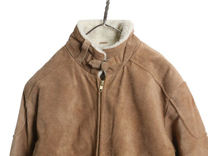 90s JCペニー フォックス 本革 スウェード レザー ジャケット メンズ M オールド 革ジャン 裏 ボア パイル フリース ブルゾン ボンバー 茶