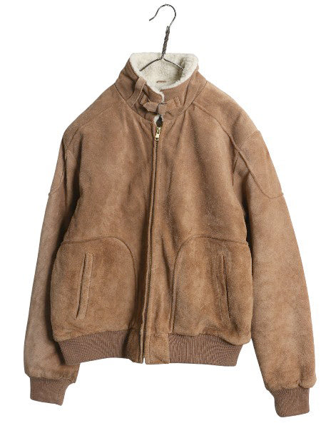 90s JCペニー フォックス 本革 スウェード レザー ジャケット メンズ M オールド 革ジャン 裏 ボア パイル フリース ブルゾン ボンバー 茶