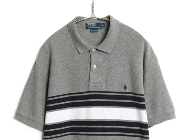 90s ポロ ラルフローレン ボーダー 半袖 ポロシャツ メンズ L オールド 半袖シャツ ワンポイント リブ編み カットソー コットン トラッド