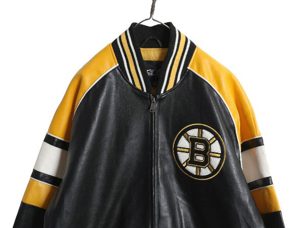 00s ブルーインズ フェイク レザー ジャケット メンズ L オールド NHL オフィシャル スタジャン 革ジャン 中綿 アワード ホッケー ブルゾン