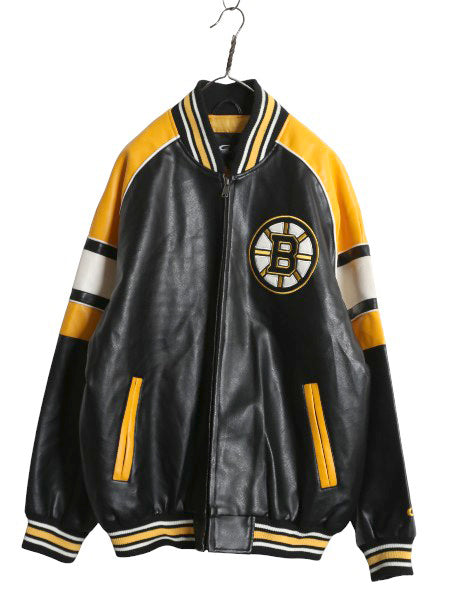 00s ブルーインズ フェイク レザー ジャケット メンズ L オールド NHL オフィシャル スタジャン 革ジャン 中綿 アワード ホッケー ブルゾン