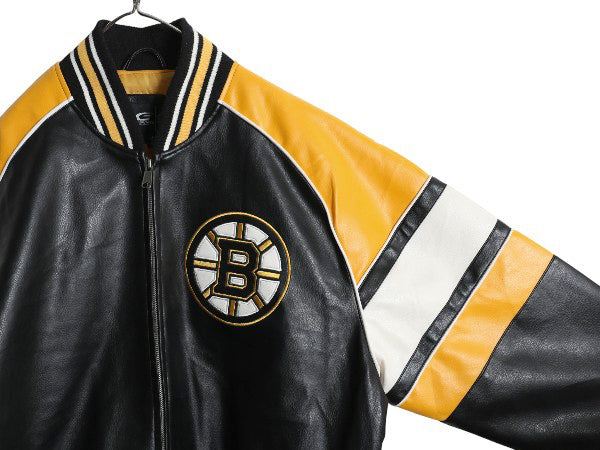 00s ブルーインズ フェイク レザー ジャケット メンズ L オールド NHL オフィシャル スタジャン 革ジャン 中綿 アワード ホッケー ブルゾン