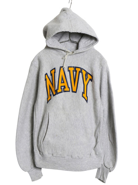 90s USA製 US NAVY プリント スウェット フード パーカー メンズ S 古着 オールド リバース タイプ トレーナー ヘビーウェイト 裏起毛 USN