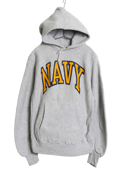 90s USA製 US NAVY プリント スウェット フード パーカー メンズ S 古着 オールド リバース タイプ トレーナー ヘビーウェイト 裏起毛 USN