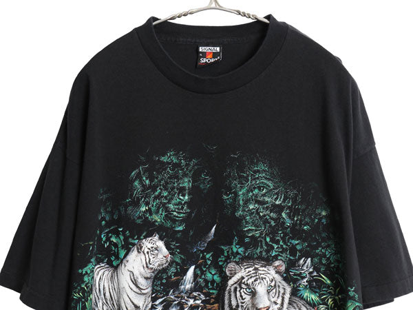 90s USA製 ホワイトタイガー イラスト 両面 プリント Tシャツ メンズ XL 古着 ヴィンテージ アニマル アート グラフィック 黒 大きいサイズ