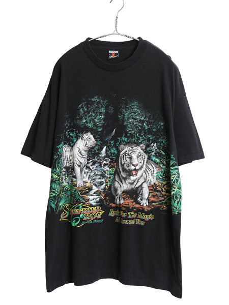 90s USA製 ホワイトタイガー イラスト 両面 プリント Tシャツ メンズ XL 古着 ヴィンテージ アニマル アート グラフィック 黒 大きいサイズ