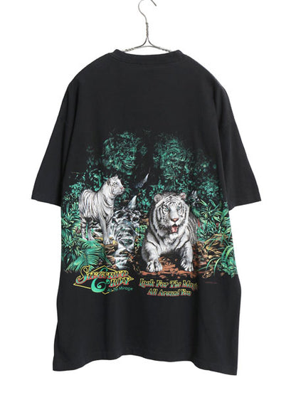 90s USA製 ホワイトタイガー イラスト 両面 プリント Tシャツ メンズ XL 古着 ヴィンテージ アニマル アート グラフィック 黒 大きいサイズ