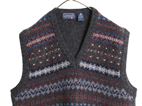 80s イタリア製 Covington Vネック フェアアイル ニット ベスト メンズ XL ヴィンテージ ウール 重ね着 大きいサイズ バーズアイ シアーズ