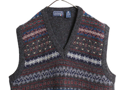 80s イタリア製 Covington Vネック フェアアイル ニット ベスト メンズ XL ヴィンテージ ウール 重ね着 大きいサイズ バーズアイ シアーズ