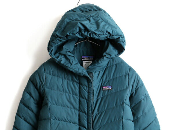 13年製 ガールズ S 130cm 程 パタゴニア フルジップ ダウン コート キッズ 8 古着 PATAGONIA アウトドア フード パーカー ジャケット 濃緑