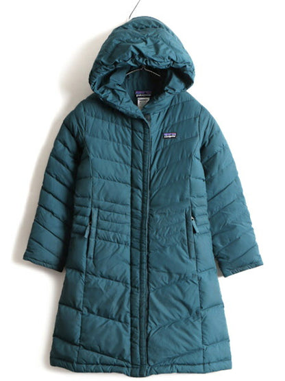 13年製 ガールズ S 130cm 程 パタゴニア フルジップ ダウン コート キッズ 8 古着 PATAGONIA アウトドア フード パーカー ジャケット 濃緑