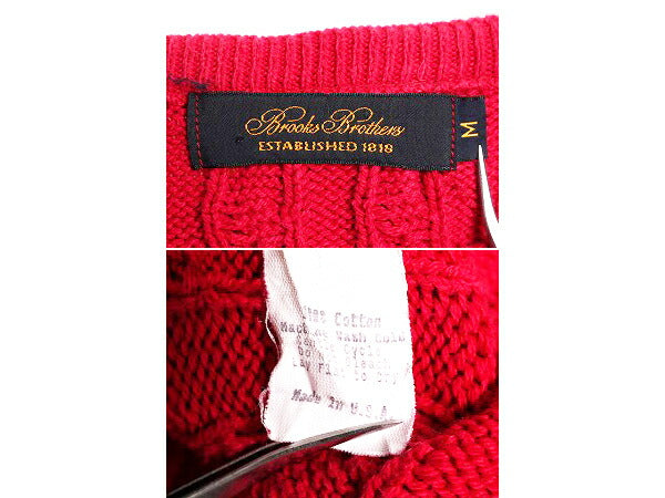 90s USA製 ブルックスブラザーズ コットン ケーブル ニット セーター メンズ M 90年代 オールド Brooks Brothers クルーネック 無地 レッド