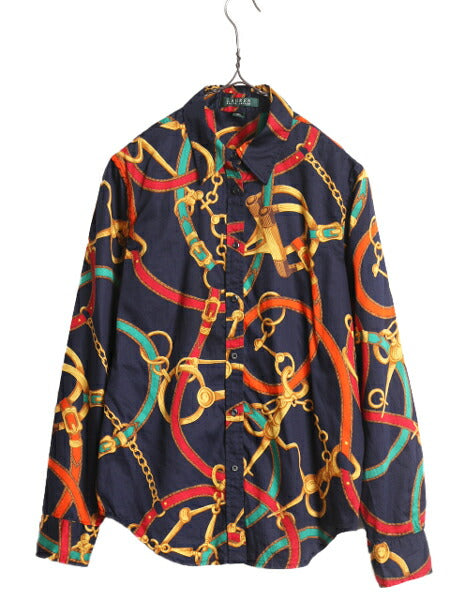 00s LAUREN ラルフローレン 総柄 コットン 長袖 シャツ レディース M / 古着 00年代 オールド ポロ 総柄シャツ ブラウス 薄手 馬具 ビット
