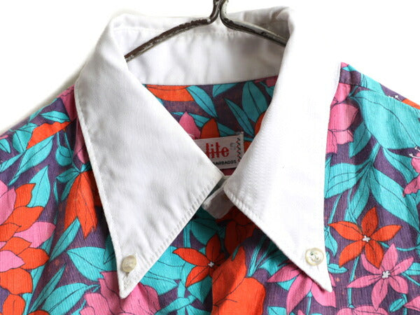 80s 長袖 クレリック ボタンダウン 総柄 シャツ レディース S / 古着 80年代 ヴィンテージ ブラウス 長袖シャツ ポケット付き マルチカラー