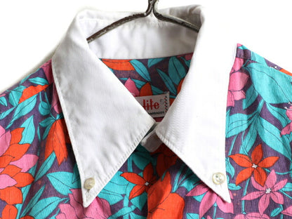 80s 長袖 クレリック ボタンダウン 総柄 シャツ レディース S / 古着 80年代 ヴィンテージ ブラウス 長袖シャツ ポケット付き マルチカラー