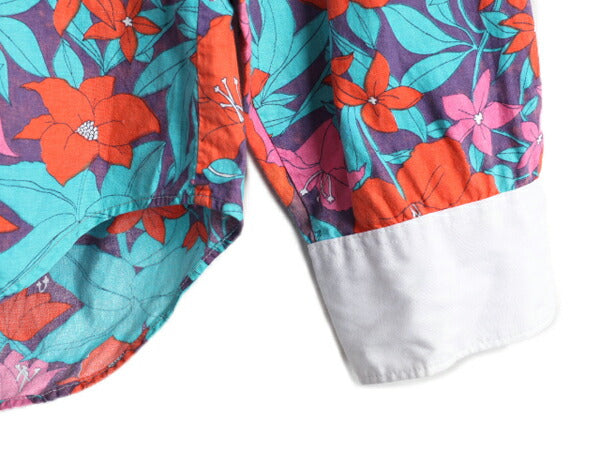 80s 長袖 クレリック ボタンダウン 総柄 シャツ レディース S / 古着 80年代 ヴィンテージ ブラウス 長袖シャツ ポケット付き マルチカラー