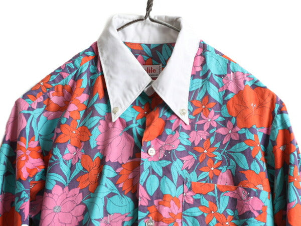 80s 長袖 クレリック ボタンダウン 総柄 シャツ レディース S / 古着 80年代 ヴィンテージ ブラウス 長袖シャツ ポケット付き マルチカラー