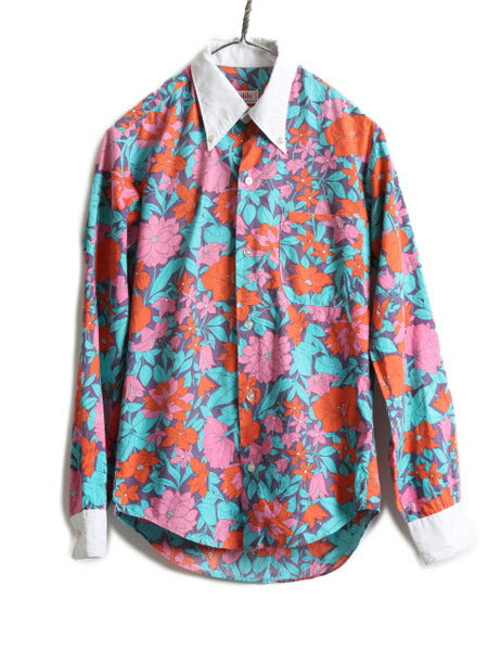 80s 長袖 クレリック ボタンダウン 総柄 シャツ レディース S / 古着 80年代 ヴィンテージ ブラウス 長袖シャツ ポケット付き マルチカラー