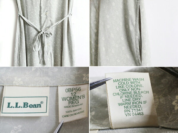 90s エルエルビーン 100% レーヨン 半袖 シャツ ワンピース レディース M 程/ オールド LLBean 総柄 ロング丈 ワンピ ベルト付き マキシ丈