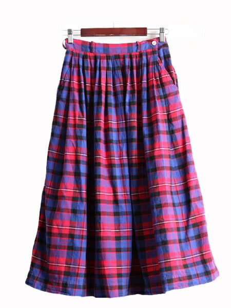 80s ウールリッチ チェック フレア スカート レディース S 程 古着 80年代 ヴィンテージ 紺タグ Woolrich インディアン マドラス インド製