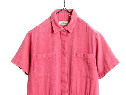 80s エルエルビーン 半袖 シャツ ワンピース レディース M 程 80年代 ヴィンテージ LLBEAN コットン ロング ワンピ マキシ丈 フレア 襟付き