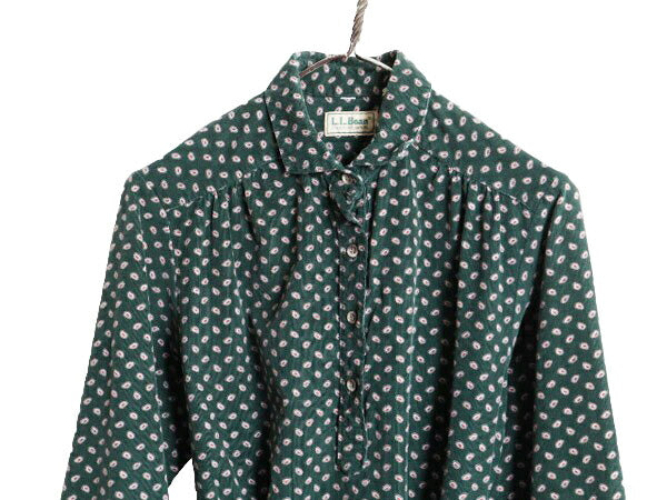 80s エルエルビーン 総柄 細畝 コーデュロイ 長袖 ワンピース レディース M 程/ ヴィンテージ LLBEAN ロング ワンピ ミディ丈 ベルト付き
