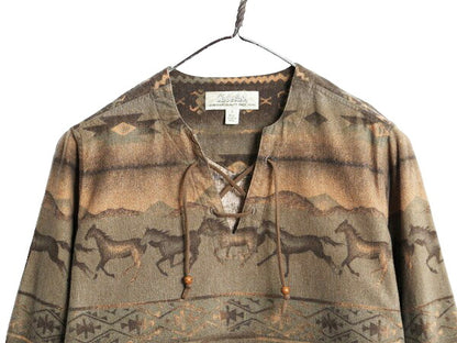 カベラス ネイティブ 総柄 シャモア クロス レースアップ 長袖 シャツ レディース S / アウトドア Cabelas ヘビー フランネル プルオーバー