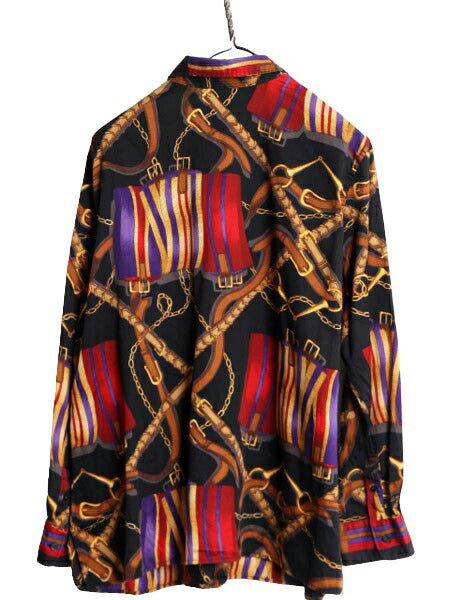 00s LAUREN ラルフローレン 総柄 コットン 長袖 シャツ レディース XL / オールド 総柄シャツ ブラウス 馬具 チェーン ビット 大きいサイズ