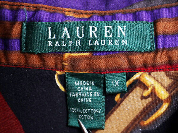 00s LAUREN ラルフローレン 総柄 コットン 長袖 シャツ レディース XL / オールド 総柄シャツ ブラウス 馬具 チェーン ビット 大きいサイズ