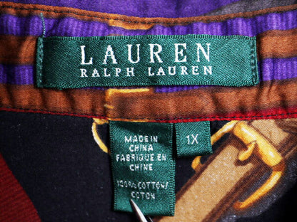 00s LAUREN ラルフローレン 総柄 コットン 長袖 シャツ レディース XL / オールド 総柄シャツ ブラウス 馬具 チェーン ビット 大きいサイズ