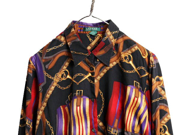 00s LAUREN ラルフローレン 総柄 コットン 長袖 シャツ レディース XL / オールド 総柄シャツ ブラウス 馬具 チェーン ビット 大きいサイズ