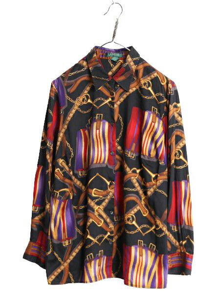 00s LAUREN ラルフローレン 総柄 コットン 長袖 シャツ レディース XL / オールド 総柄シャツ ブラウス 馬具 チェーン ビット 大きいサイズ