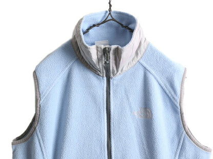 ノースフェイス フルジップ フリース ベスト レディース M / 古着 The North face アウトドア ハイネック 重ね着 前開き ワンポイント 薄青