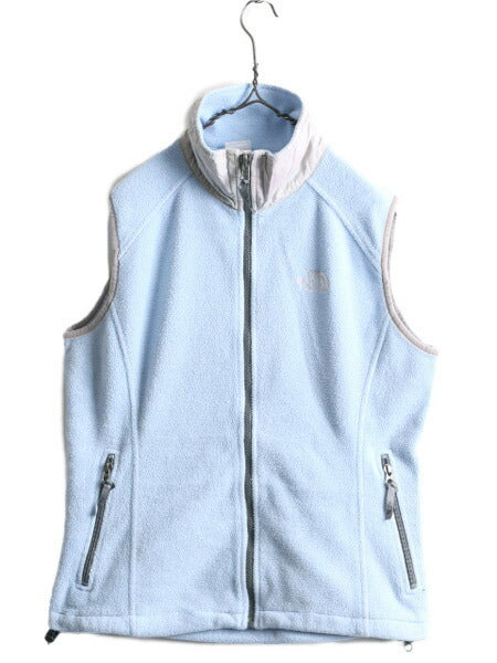 ノースフェイス フルジップ フリース ベスト レディース M / 古着 The North face アウトドア ハイネック 重ね着 前開き ワンポイント 薄青