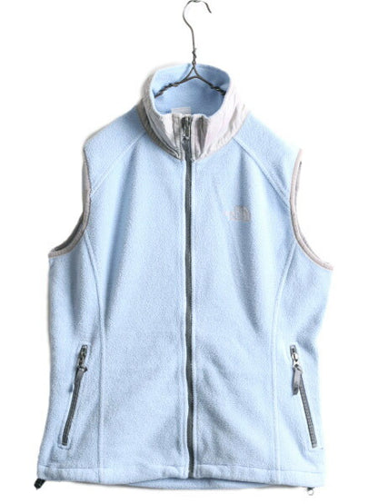 ノースフェイス フルジップ フリース ベスト レディース M / 古着 The North face アウトドア ハイネック 重ね着 前開き ワンポイント 薄青
