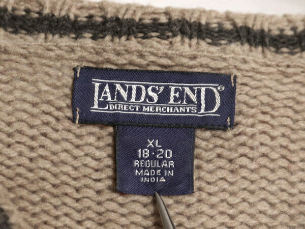 90s ランズエンド ウール ニット セーター メンズ XL 古着 オールド LANDS END クルーネック 無地 ミドルゲージ リンガー タイプ ツートン