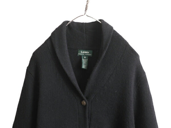 90s LAUREN ラルフローレン ショールカラー ニット ガウン レディース L 90年代 ポロ ラム ウール セーター コート ロング カーディガン 黒