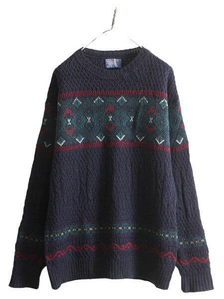 70s USA製 ペンドルトン ノルディック ウール デザイン ニット セーター メンズ L / 古着 PENDLETON 70年代 ヴィンテージ 3D 立体編み 総柄