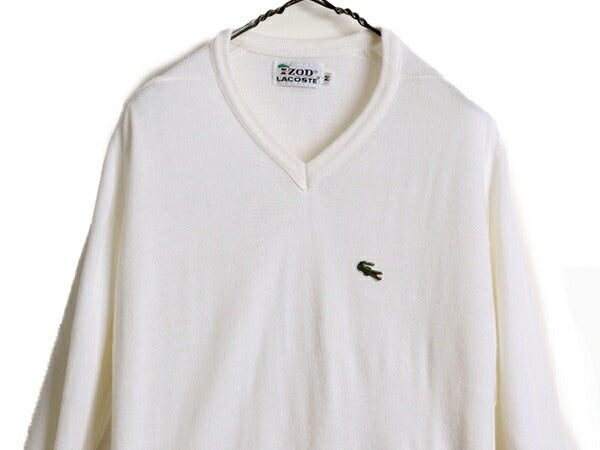 70s ラコステ アクリル ニット セーター メンズ レディース M / 古着 70年代 ヴィンテージ IZOD LACOSTE Vネック 糸巻タグ ホワイト ワニ
