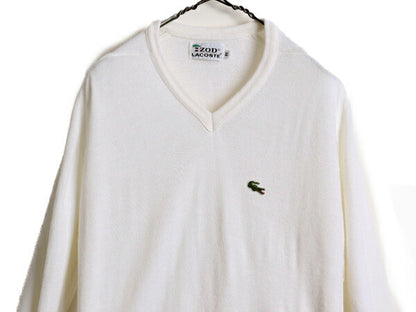 70s ラコステ アクリル ニット セーター メンズ レディース M / 古着 70年代 ヴィンテージ IZOD LACOSTE Vネック 糸巻タグ ホワイト ワニ
