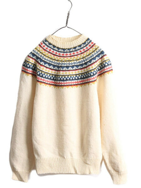 60s 70s 手編み ラウンドヨーク ノルディック ハンドニット セーター メンズ S レディース M 程 ヴィンテージ 60年代 70年代 ウール ニット