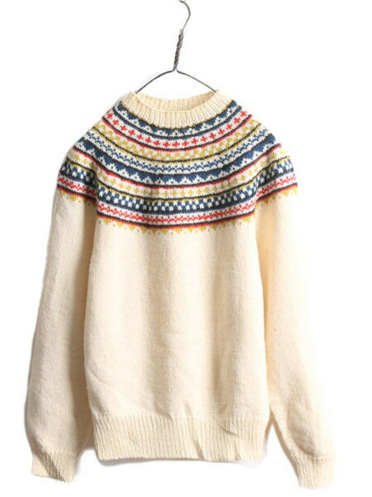 60s 70s 手編み ラウンドヨーク ノルディック ハンドニット セーター メンズ S レディース M 程 ヴィンテージ 60年代 70年代 ウール ニット