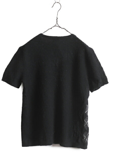 90s LAUREN ラルフローレン ラム ウール 半袖 ニット セーター レディース XL 古着 90年代 オールド アーガイル 総柄 大きいサイズ 黒 ポロ