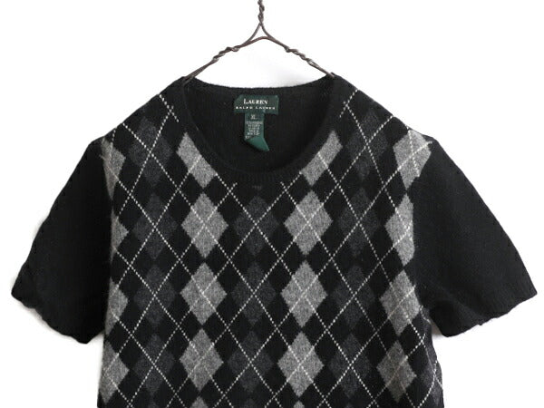 90s LAUREN ラルフローレン ラム ウール 半袖 ニット セーター レディース XL 古着 90年代 オールド アーガイル 総柄 大きいサイズ 黒 ポロ