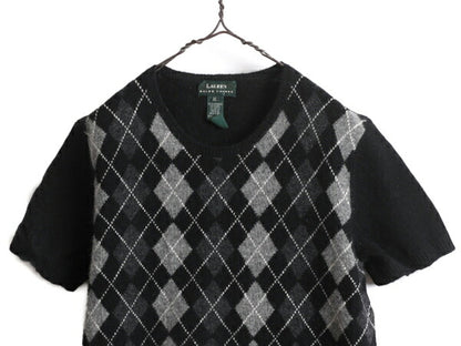 90s LAUREN ラルフローレン ラム ウール 半袖 ニット セーター レディース XL 古着 90年代 オールド アーガイル 総柄 大きいサイズ 黒 ポロ