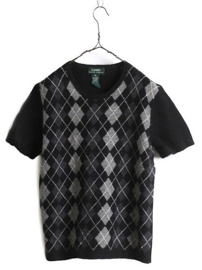 90s LAUREN ラルフローレン ラム ウール 半袖 ニット セーター レディース XL 古着 90年代 オールド アーガイル 総柄 大きいサイズ 黒 ポロ