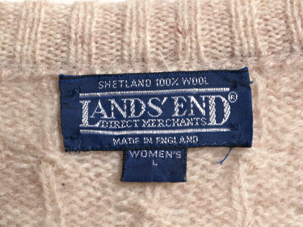 80s イギリス製 ランズエンド シェットランド ウール ケーブル ニット セーター レディース L / ヴィンテージ LANDS END クルーネック 無地