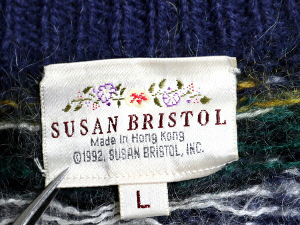 90s Susan Bristol モヘア ウール ニット カーディガン レディース L / 古着 オールド タータン チェック 毛足 シャギー セーター 羽織り