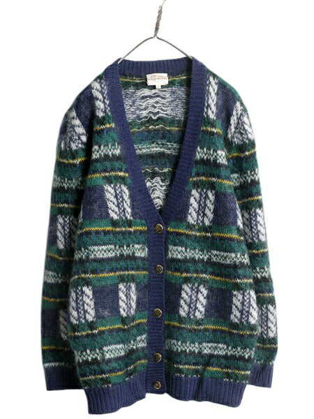 90s Susan Bristol モヘア ウール ニット カーディガン レディース L / 古着 オールド タータン チェック 毛足 シャギー セーター 羽織り