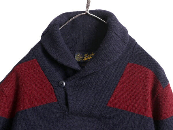 ラグビー ラルフローレン ショールカラー ウール ニット セーター M / ポロ RUGBY エルボーパッチ 2トーン ワイド ボーダー プルオーバー